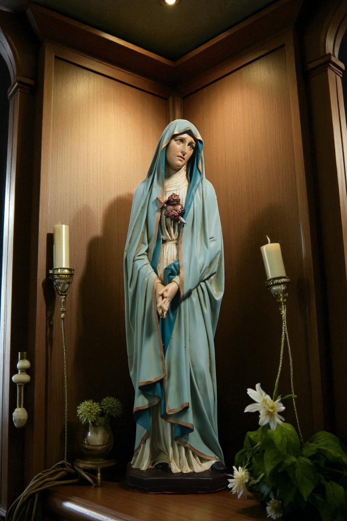 Tượng Đức Mẹ Sầu Bi Phong Cách Cổ – Tượng Công Giáo Thủ Công Cao 30cm Trang Trí Góc Cầu Nguyện