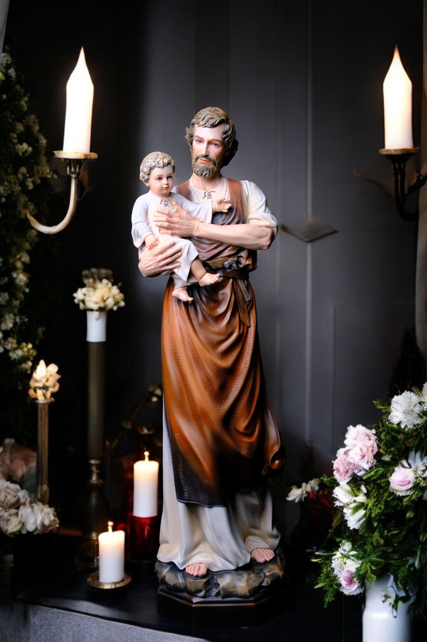 Tượng Thánh Giuse Hoa Huệ Bế Chúa – Tượng Công Giáo Thủ Công Cao 53cm & 73cm